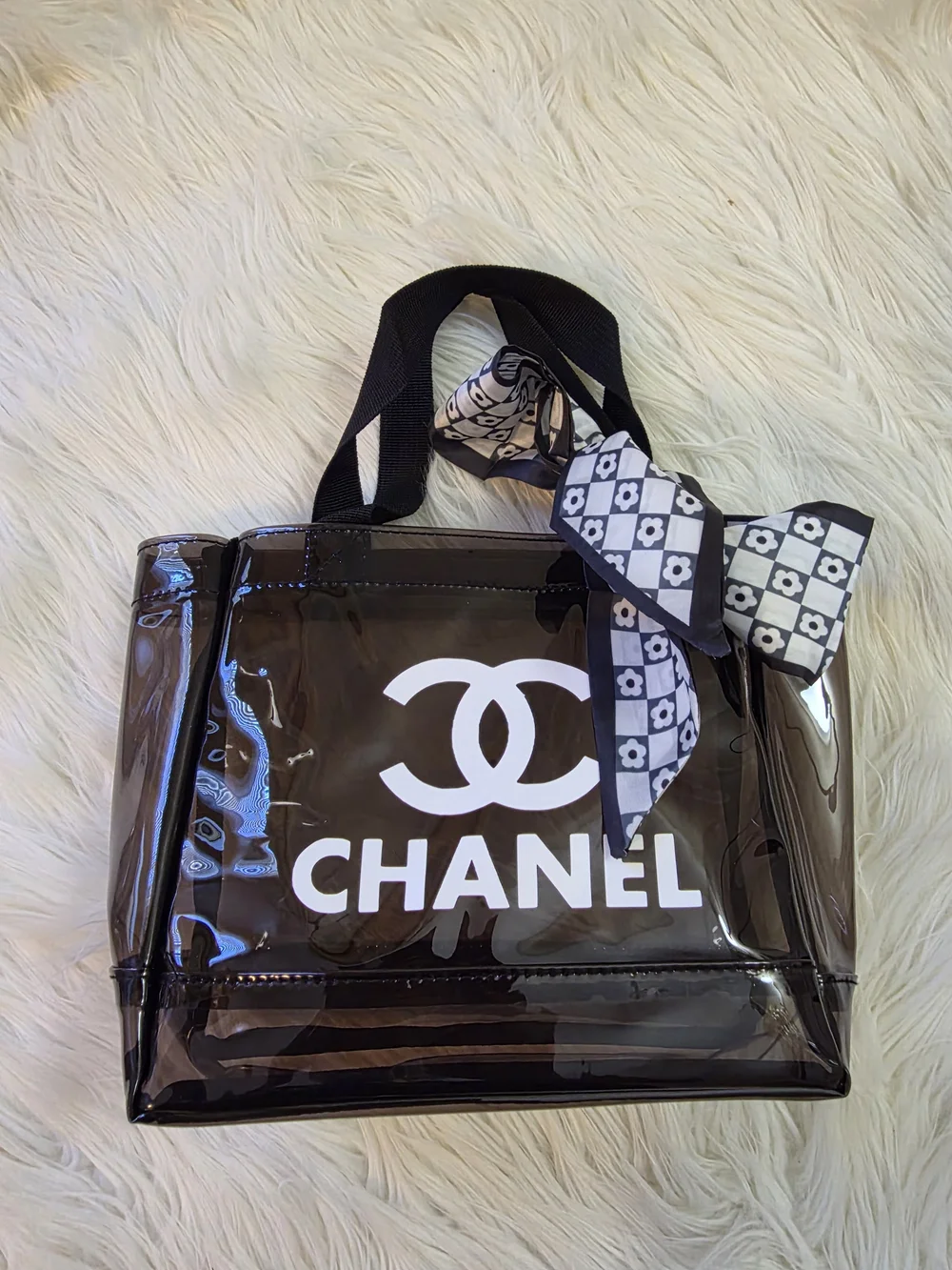 Clear Black Tote Bag with Signature Logo and Scarf Accent